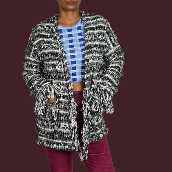 Zara Basic Fringe Tweed Coat Jacket Black White Metallic Thread Open Front Small - Picture 13 of 15